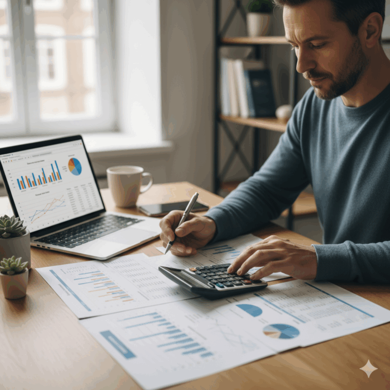 Person reviewing financial documents with a calculator and laptop