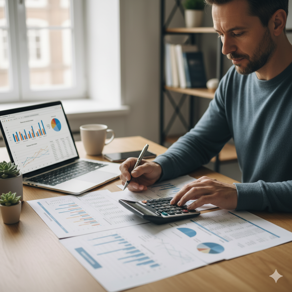 Person reviewing financial documents with a calculator and laptop