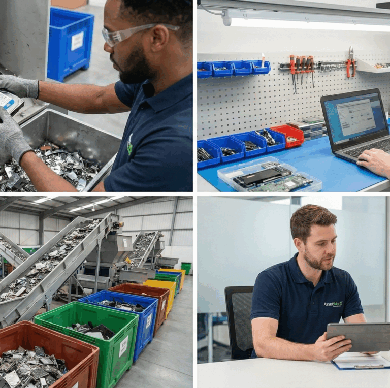 A diverse team of professionals in a clean warehouse environment carefully sorting and organizing used laptops and monitors for secure recycling.