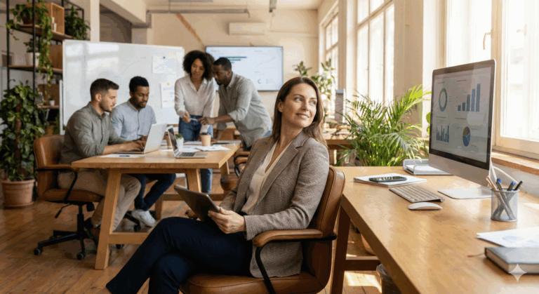 confident business owner sits comfortably in a bright, modern office